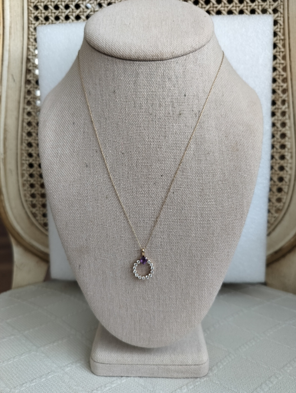 10k Gold Circle Pendant Necklace with Purple Accent CZ